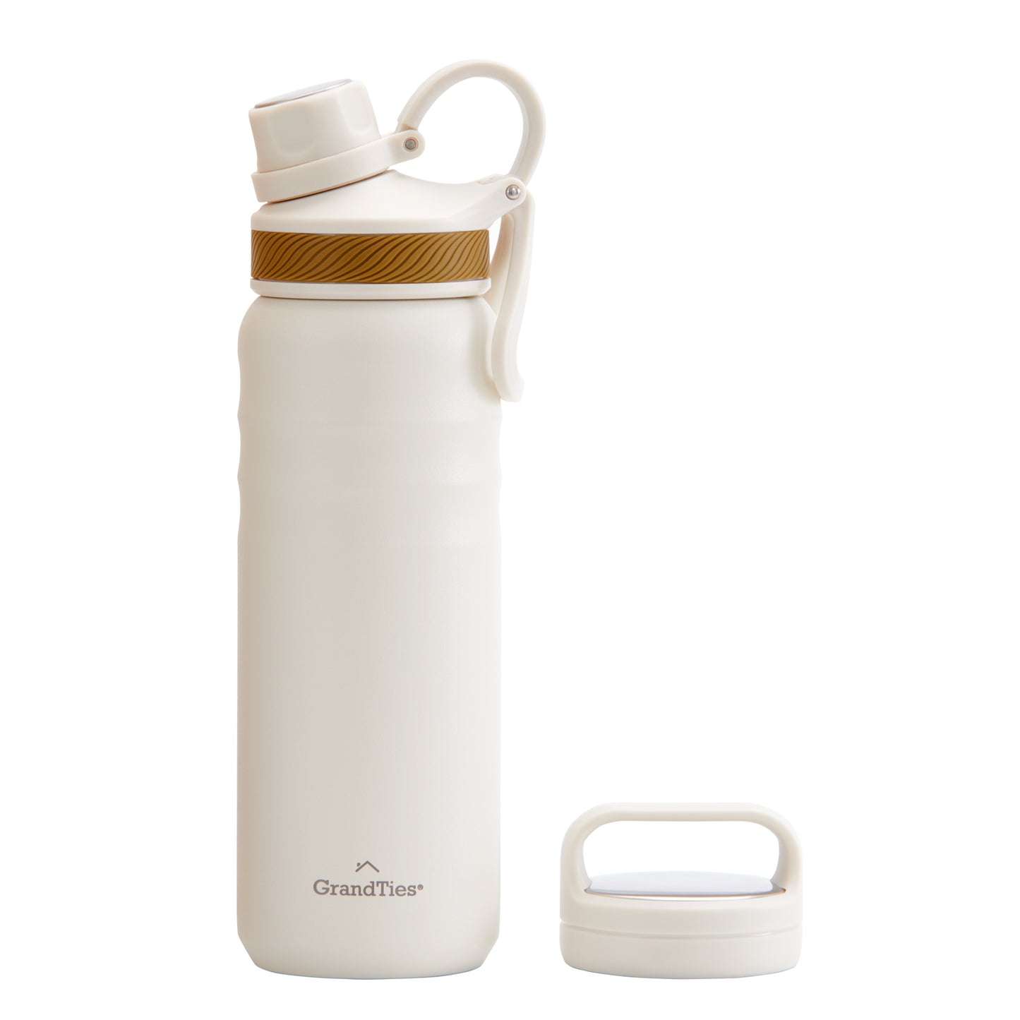 Insulated Travel Water Bottle with Two Stylish Ergonomic Handle Lids 24oz/709ml - Ivory White - GrandTies